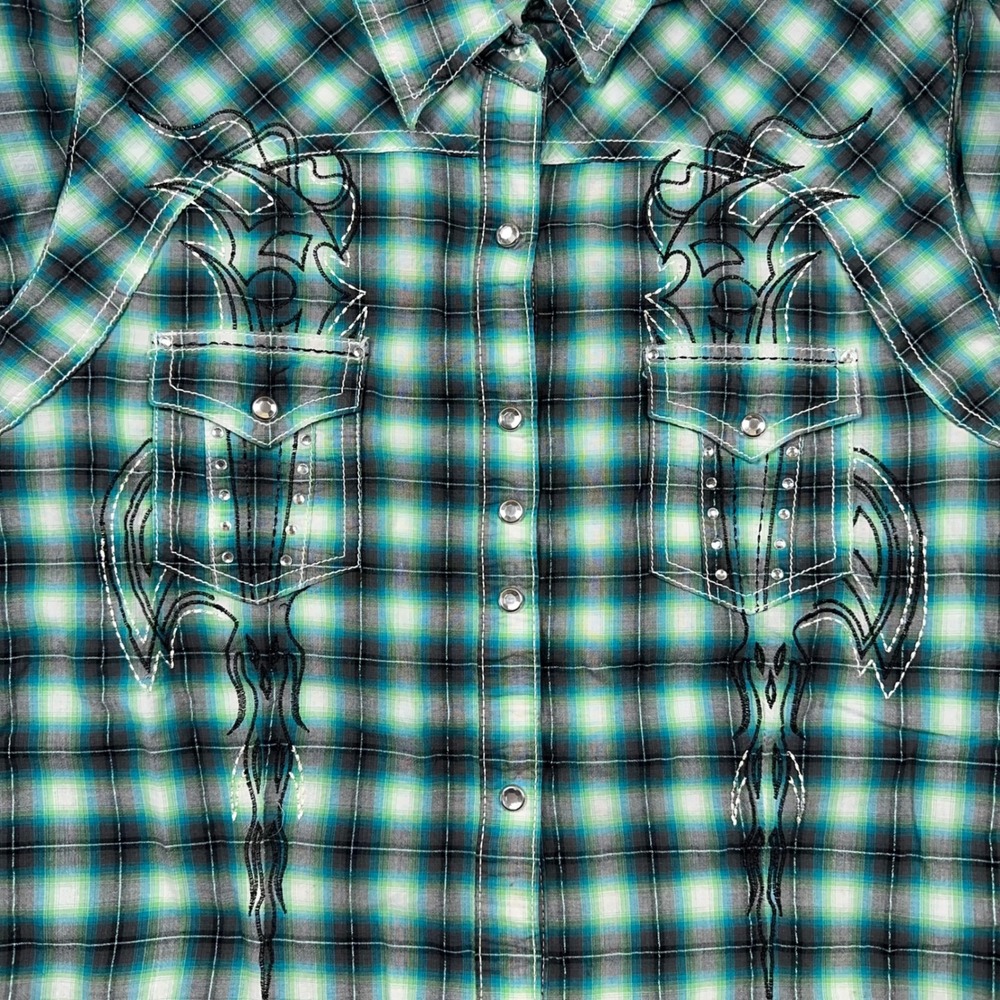 Rock 47 by Wrangler Womens Green Plaid Embroidered Rhinestone Snap Shirt Large - Picture 5 of 9